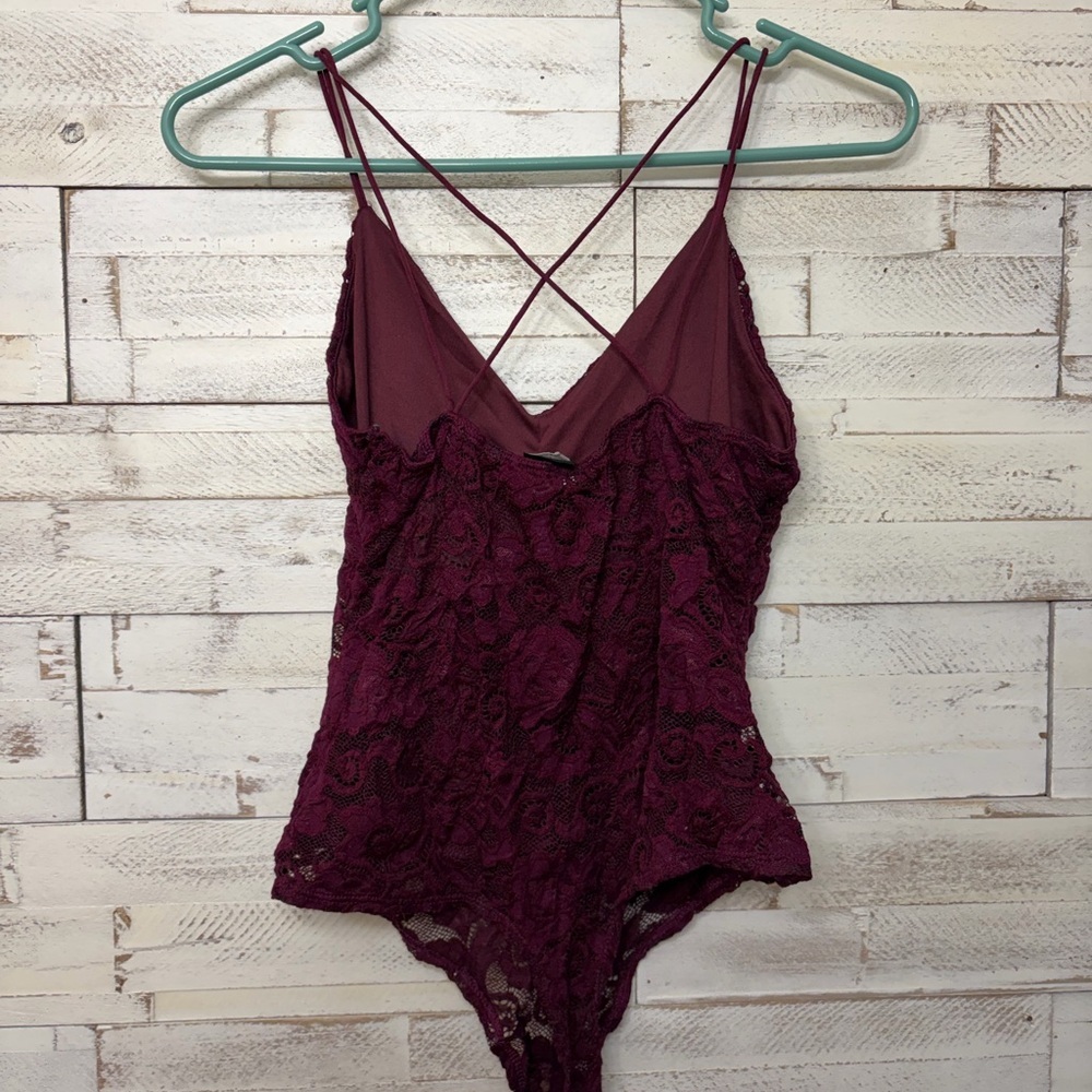 O’ Deliah Lace Burgundy Bodysuit sexy criss cross straps large womens - Picture 2 of 4